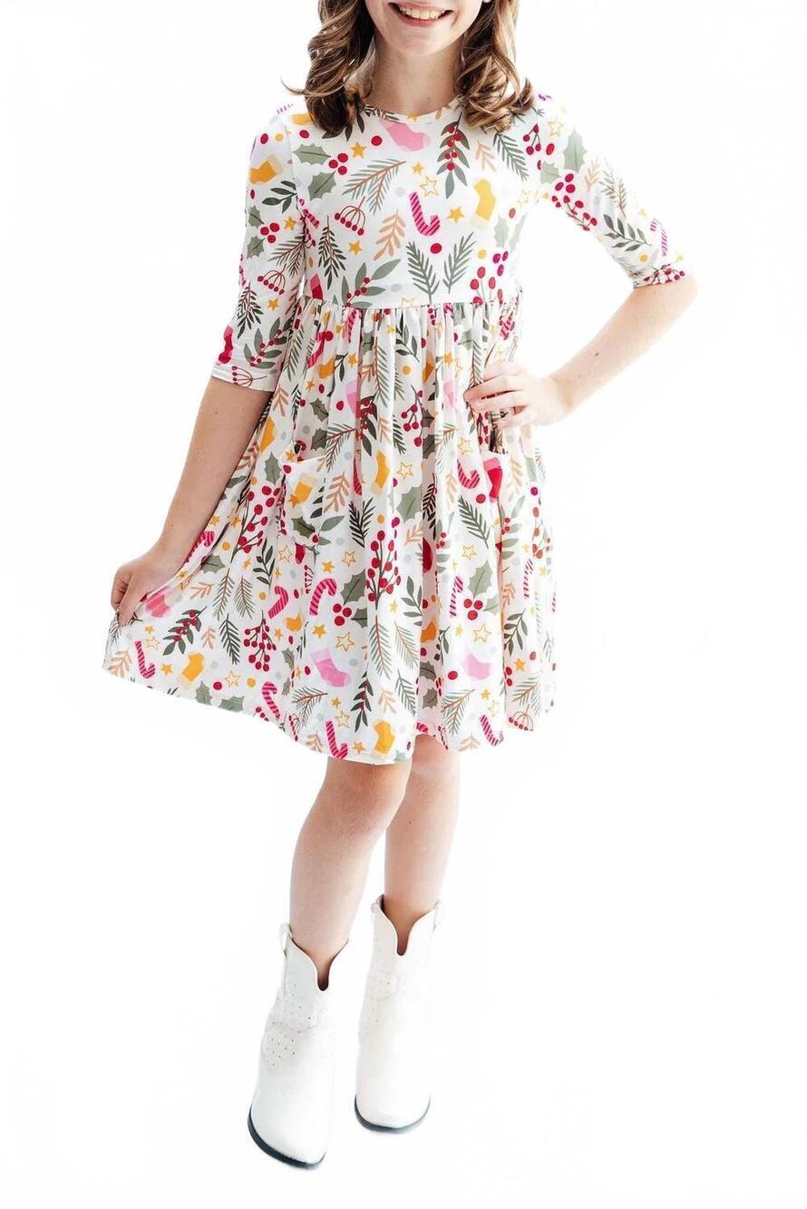 NEW MILA & ROSE three quarter sleeve pocket twirl dress in holly jolly christmas